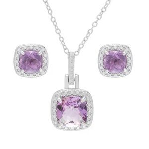 Genuine Amethyst and Diamond  Sterling Silver Necklace and Studs Earrings Set